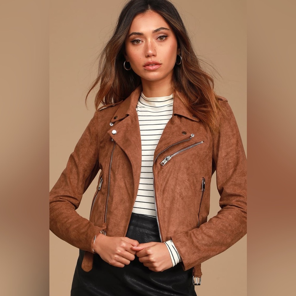 LULUS | Ride With Me Brown Vegan Suede Moto Jacket